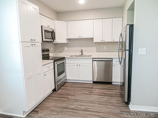 Interior, Kitchen, Recessed Lighting, Stainless Steel Appliances, Wood Texture Flooring