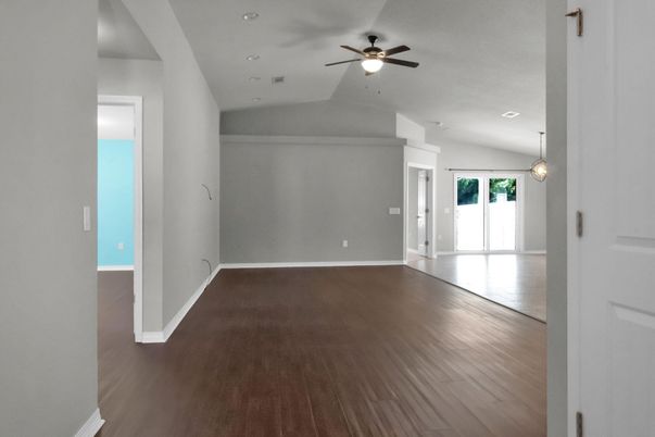 Empty room, Interior, Pendant Lights, Recessed Lighting, Wood Texture Flooring