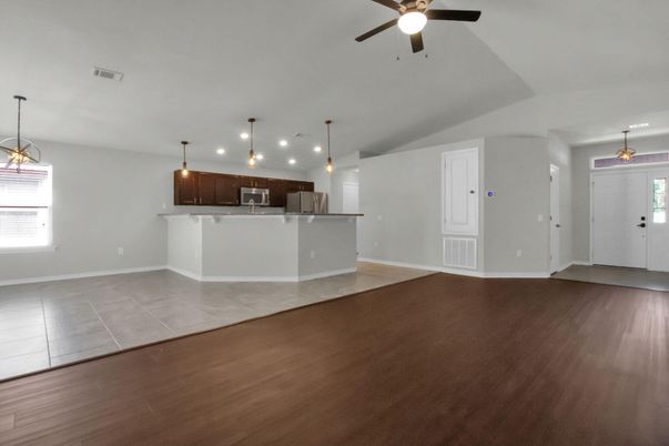 Empty room, Interior, Kitchen, Pendant Lights, Wood Texture Flooring