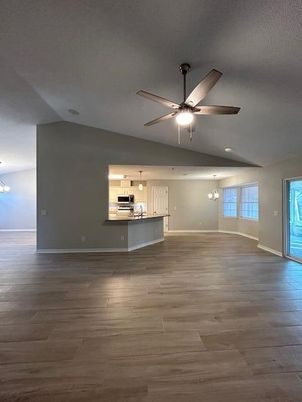 Empty room, Interior, Kitchen, Pendant Lights, Wood Texture Flooring