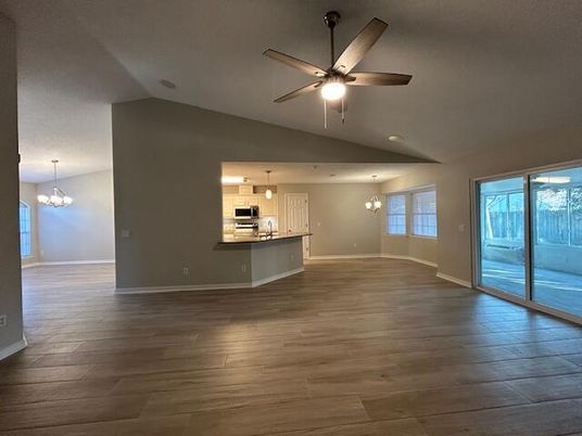 Chandelier, Empty room, Interior, Kitchen, Pendant Lights, Wood Texture Flooring