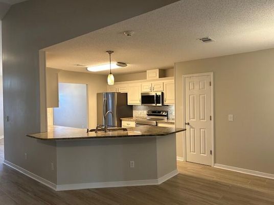Interior, Kitchen, Pendant Lights, Stainless Steel Appliances, Wood Texture Flooring