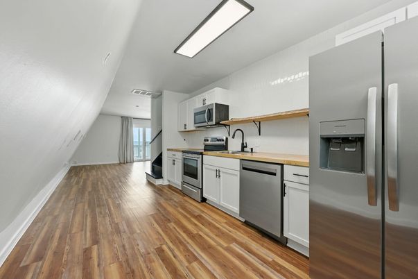 Interior, Kitchen, Stainless Steel Appliances, Wood Texture Flooring