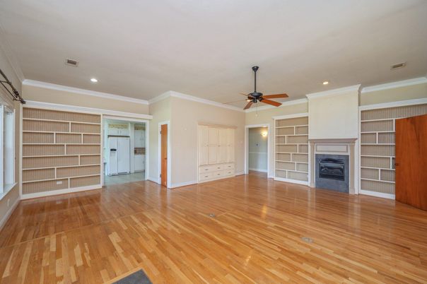 Empty room, Fireplace, Interior, Recessed Lighting, Wood Texture Flooring