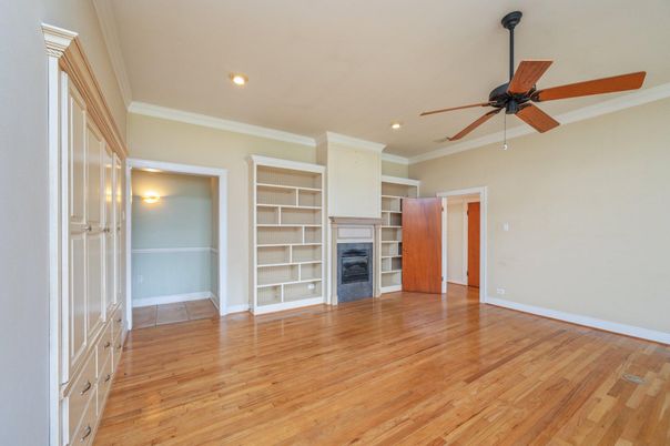 Empty room, Fireplace, Interior, Recessed Lighting, Wood Texture Flooring