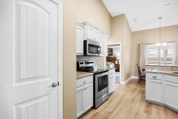 Interior, Kitchen, Pendant Lights, Stainless Steel Appliances, Wood Texture Flooring