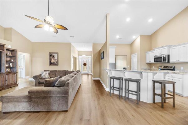 Interior, Kitchen, Living room, Recessed Lighting, Stainless Steel Appliances, Wood Texture Flooring