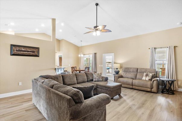 Dining room, Interior, Living room, Pendant Lights, Recessed Lighting, Wood Texture Flooring