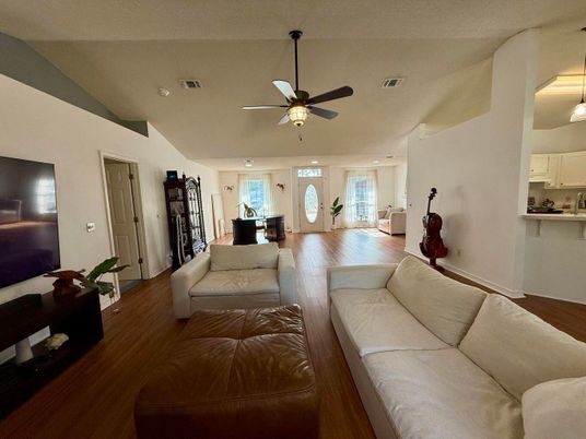 Dining room, Interior, Living room, Recessed Lighting, Wood Texture Flooring