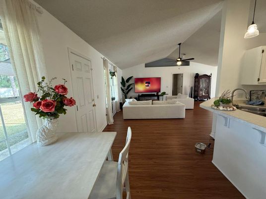 Dining room, Interior, Living room, Pendant Lights, Wood Texture Flooring