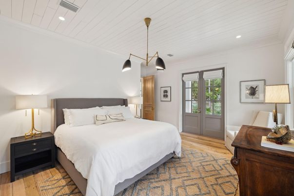Bedroom, Interior, Pendant Lights, Recessed Lighting, Wood Texture Flooring