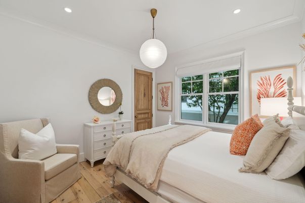 Bedroom, Interior, Pendant Lights, Recessed Lighting, Wood Texture Flooring