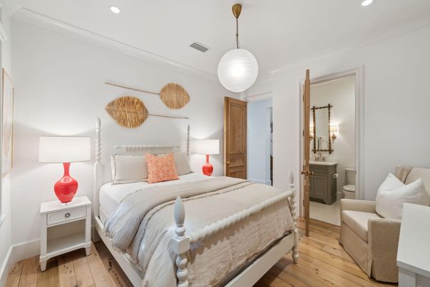 Bedroom, Interior, Pendant Lights, Recessed Lighting, Wood Texture Flooring