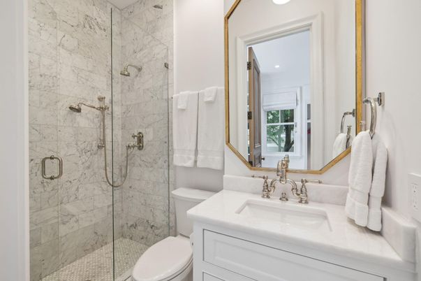 Bathroom, Glass Shower, Interior, Marble Walls, Recessed Lighting