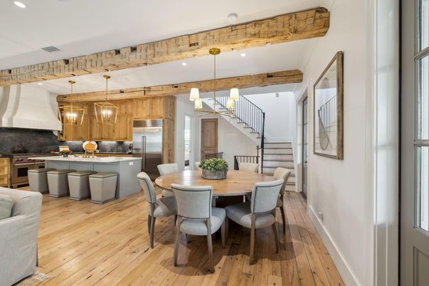 Dining room, Interior, Kitchen, Pendant Lights, Recessed Lighting, Stainless Steel Appliances, Wooden Beams, Wood Texture Flooring