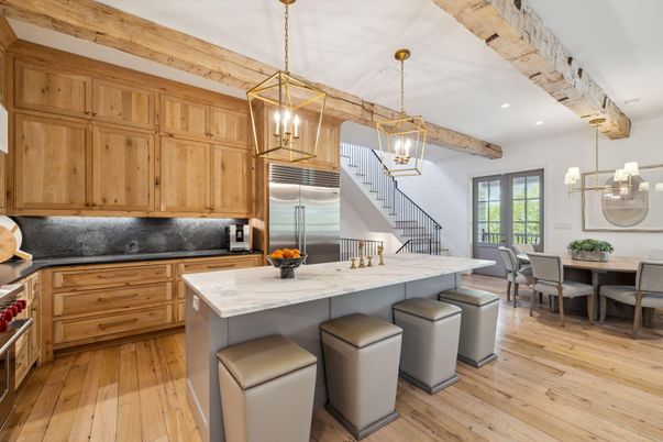 Dining room, Interior, Kitchen, Pendant Lights, Recessed Lighting, Stainless Steel Appliances, Wooden Beams, Wood Texture Flooring