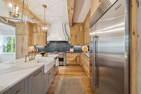 Interior, Kitchen, Pendant Lights, Recessed Lighting, Stainless Steel Appliances, Wooden Beams, Wood Texture Flooring