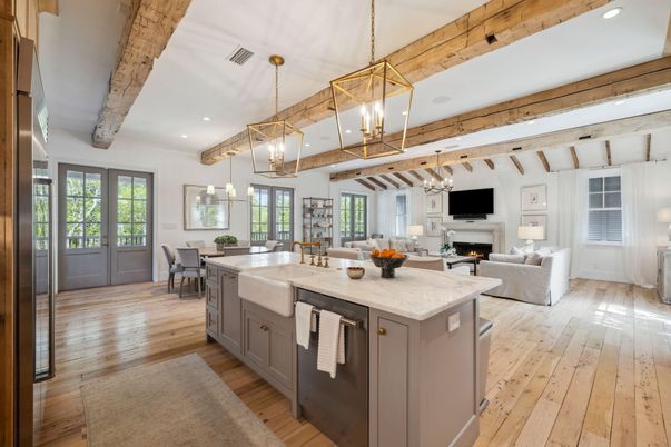Dining room, Fireplace, Interior, Kitchen, Living room, Pendant Lights, Recessed Lighting, Wooden Beams, Wood Texture Flooring