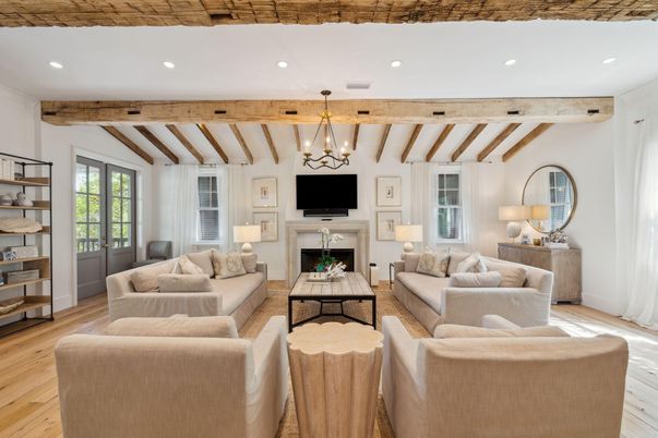 Fireplace, Interior, Living room, Pendant Lights, Recessed Lighting, Wooden Beams, Wood Texture Flooring