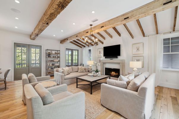 Chandelier, Fireplace, Interior, Living room, Pendant Lights, Recessed Lighting, Wooden Beams, Wood Texture Flooring