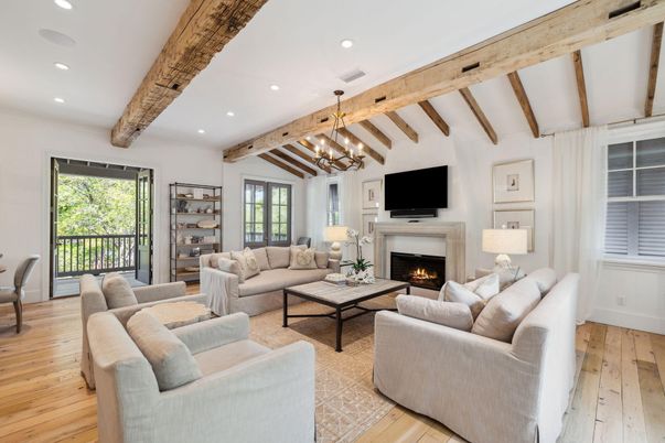 Fireplace, Interior, Living room, Pendant Lights, Recessed Lighting, Wooden Beams, Wood Texture Flooring