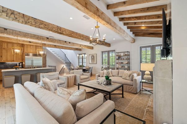 Chandelier, Dining room, Interior, Kitchen, Living room, Pendant Lights, Recessed Lighting, Wooden Beams, Wood Texture Flooring