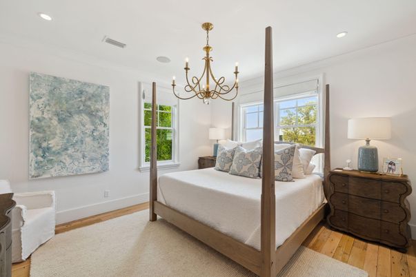 Bedroom, Chandelier, Interior, Recessed Lighting, Wood Texture Flooring