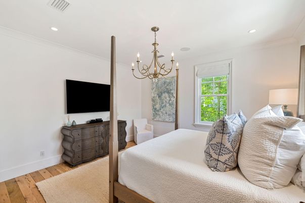 Bedroom, Chandelier, Interior, Recessed Lighting, Wood Texture Flooring