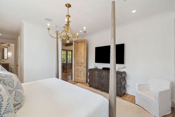Bedroom, Chandelier, Interior, Recessed Lighting, Wood Texture Flooring