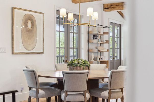 Chandelier, Dining room, Interior, Wooden Beams