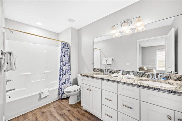 Bathroom, Dual Sink Vanities, Interior, Recessed Lighting, Wood Texture Flooring