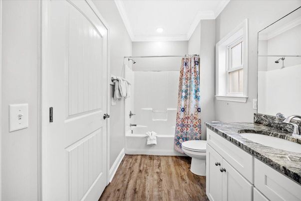 Bathroom, Interior, Recessed Lighting, Wood Texture Flooring