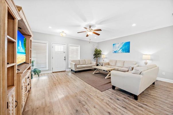Interior, Living room, Recessed Lighting, Wood Texture Flooring