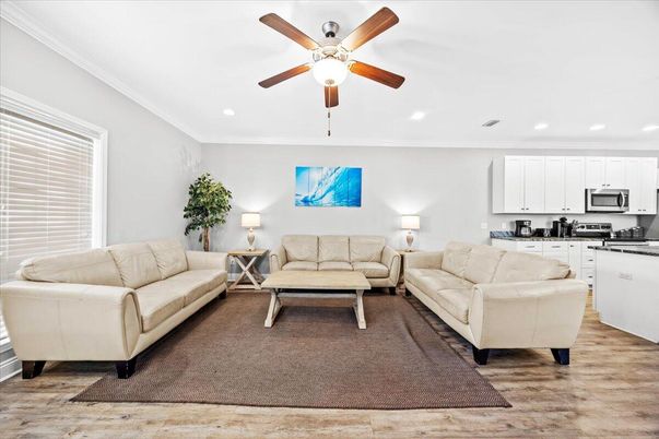 Interior, Kitchen, Living room, Recessed Lighting, Stainless Steel Appliances, Wood Texture Flooring