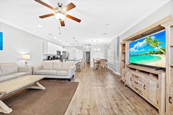 Dining room, Interior, Kitchen, Living room, Pendant Lights, Recessed Lighting, Stainless Steel Appliances, Wood Texture Flooring