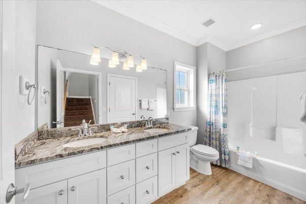 Bathroom, Dual Sink Vanities, Interior, Recessed Lighting, Wood Texture Flooring