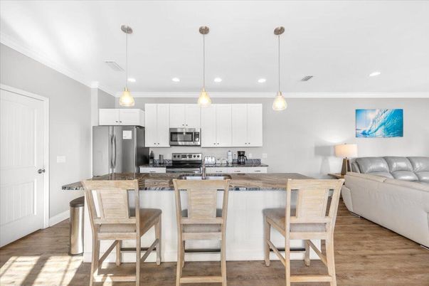 Interior, Kitchen, Living room, Pendant Lights, Recessed Lighting, Stainless Steel Appliances, Wood Texture Flooring