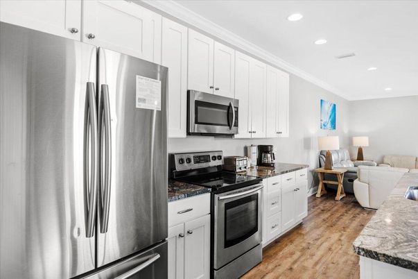 Interior, Kitchen, Living room, Recessed Lighting, Stainless Steel Appliances, Wood Texture Flooring