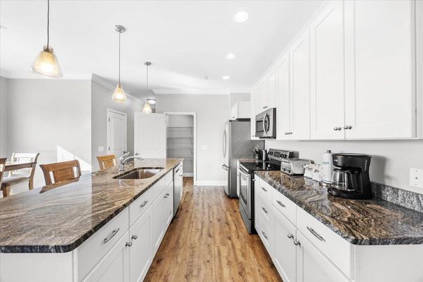 Interior, Kitchen, Pendant Lights, Recessed Lighting, Wood Texture Flooring
