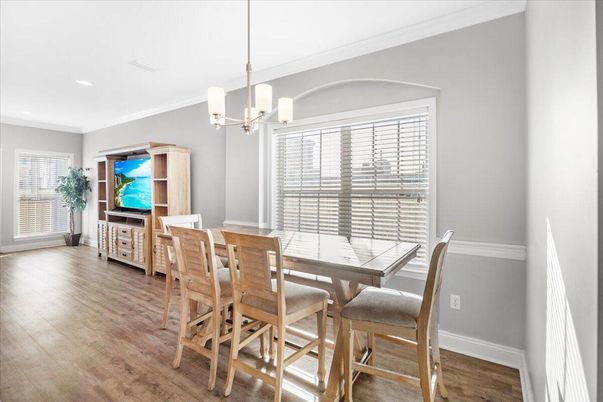 Dining room, Interior, Pendant Lights, Recessed Lighting, Wood Texture Flooring