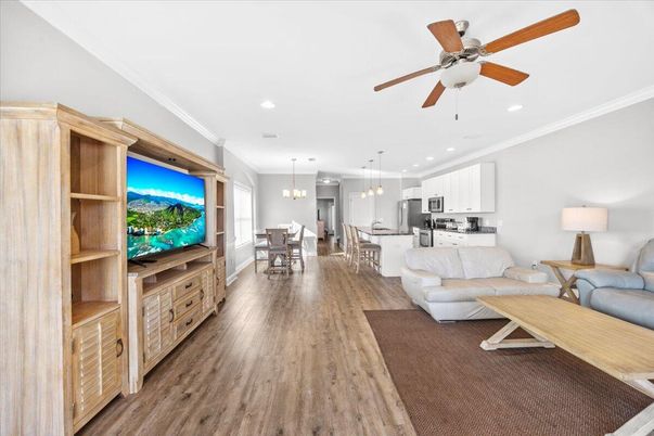 Dining room, Interior, Kitchen, Living room, Pendant Lights, Recessed Lighting, Stainless Steel Appliances, Wood Texture Flooring