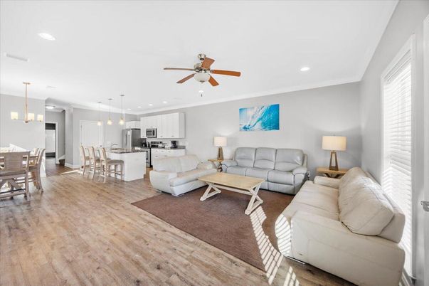 Dining room, Interior, Kitchen, Living room, Pendant Lights, Recessed Lighting, Stainless Steel Appliances, Wood Texture Flooring