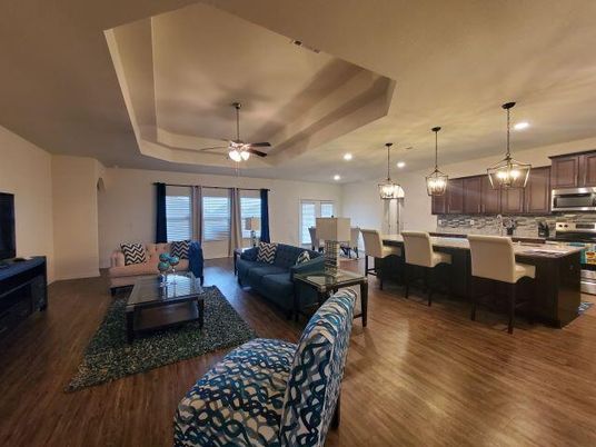 Dining room, Interior, Kitchen, Living room, Pendant Lights, Recessed Lighting, Stainless Steel Appliances, Wood Texture Flooring