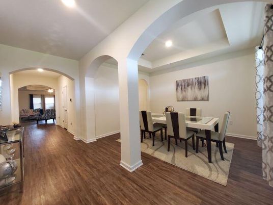 Dining room, Interior, Recessed Lighting, Wood Texture Flooring