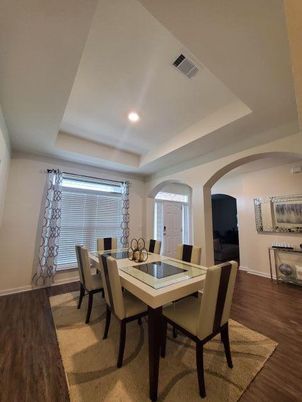 Dining room, Interior, Recessed Lighting, Wood Texture Flooring