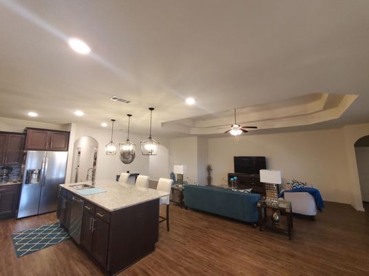 Dining room, Interior, Kitchen, Living room, Pendant Lights, Recessed Lighting, Stainless Steel Appliances, Wood Texture Flooring