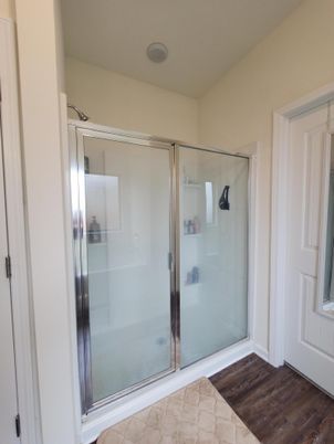 Bathroom, Glass Shower, Interior, Recessed Lighting, Wood Texture Flooring