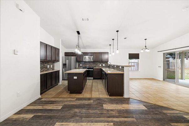Interior, Kitchen, Pendant Lights, Stainless Steel Appliances, Wood Texture Flooring