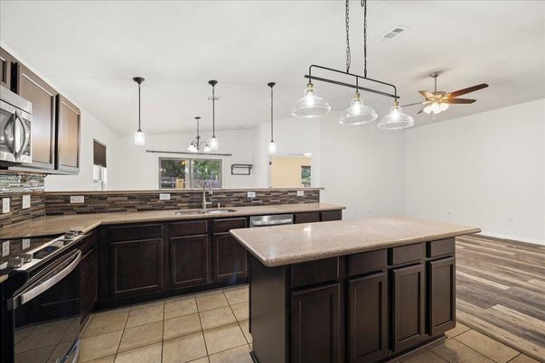 Interior, Kitchen, Pendant Lights, Wood Texture Flooring