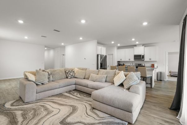 Interior, Kitchen, Living room, Recessed Lighting, Stainless Steel Appliances, Wood Texture Flooring